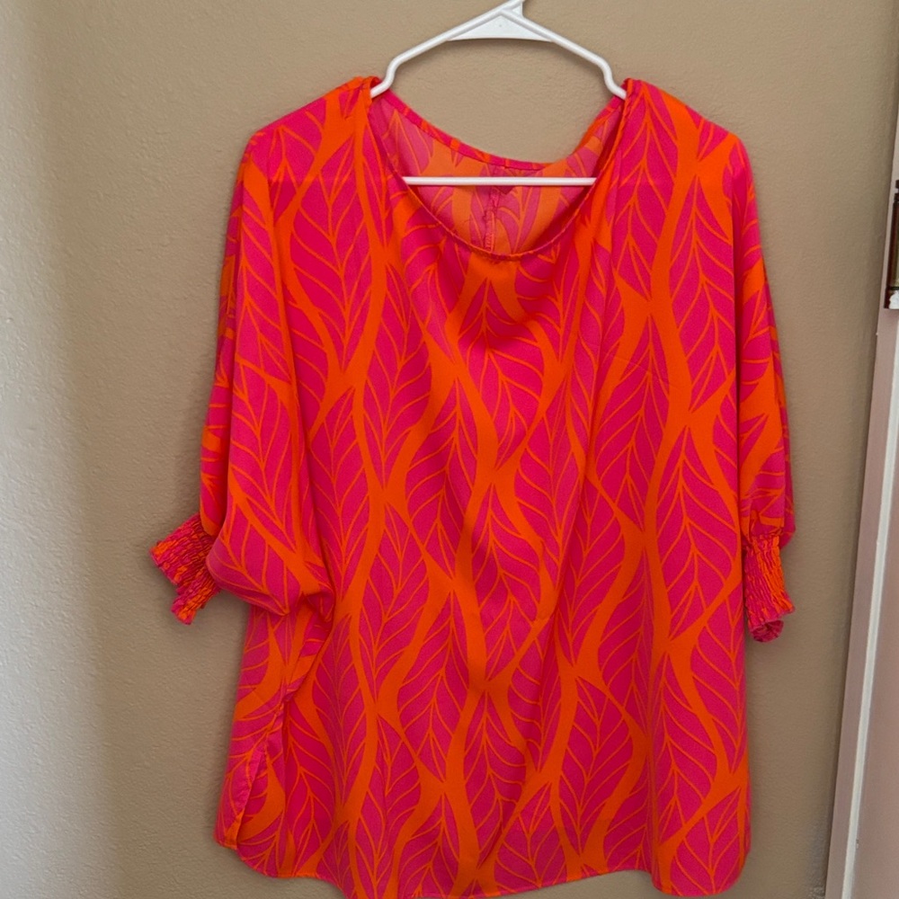 Vibrant Orange and Pink Leaf Pattern Top